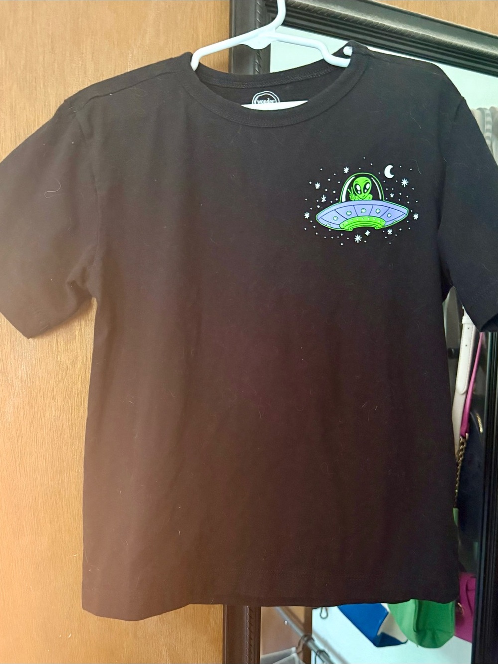 wonder nation Black Tee with Green Alien and Purple UFO